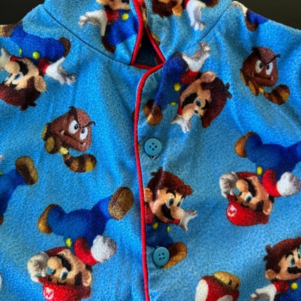 Super Mario Land Blue Fleece Pajama Top Kids Button Front Long Sleeve